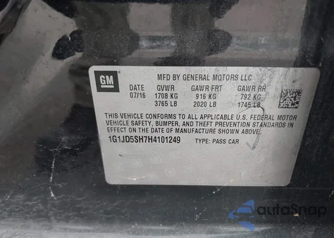 2017 Chevrolet Sonic Lt Auto z USA, uszkodzony, nr VIN 1G1JD5SH7H4101249